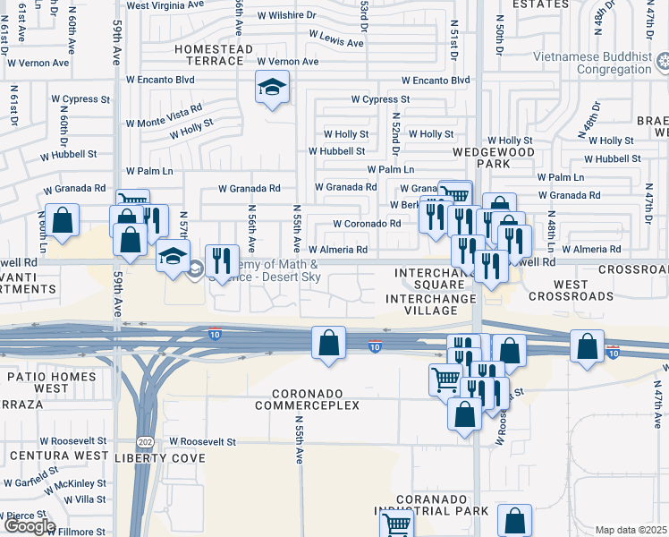 map of restaurants, bars, coffee shops, grocery stores, and more near 1447 North 54th Avenue in Phoenix
