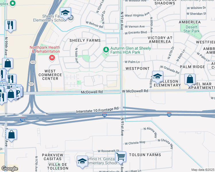 map of restaurants, bars, coffee shops, grocery stores, and more near 9286-9476 West McDowell Road in Phoenix