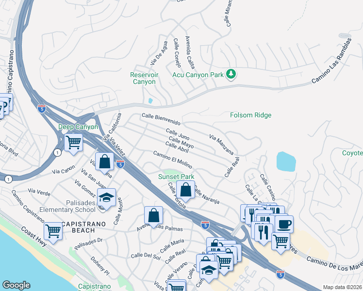 map of restaurants, bars, coffee shops, grocery stores, and more near 4011 Calle Abril in San Clemente