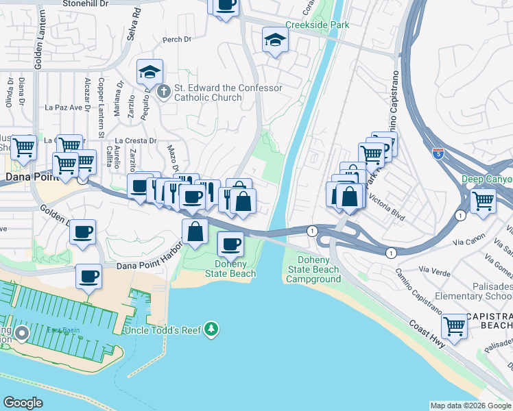 map of restaurants, bars, coffee shops, grocery stores, and more near 34334 Pacific Coast Highway in Dana Point