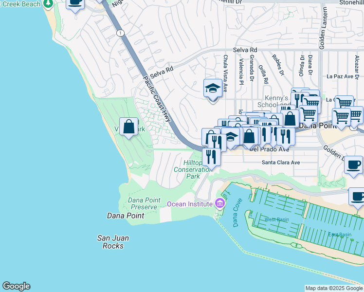 map of restaurants, bars, coffee shops, grocery stores, and more near 35 Shoreline Drive in Dana Point