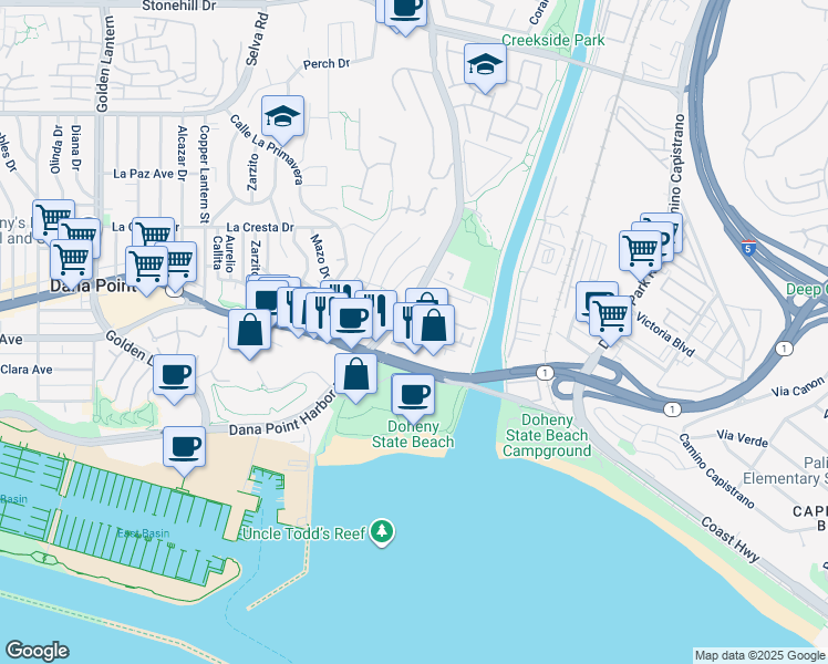 map of restaurants, bars, coffee shops, grocery stores, and more near 2869 Doheny Way in Dana Point