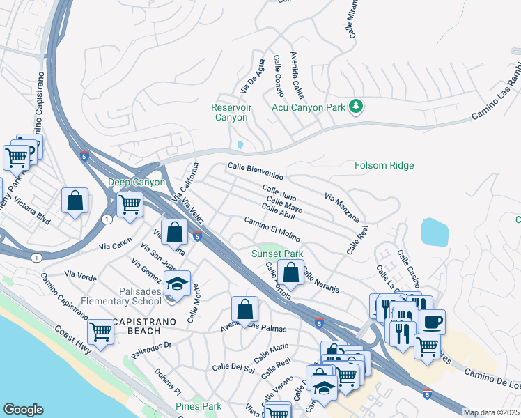 map of restaurants, bars, coffee shops, grocery stores, and more near 4103 Calle Abril in San Clemente