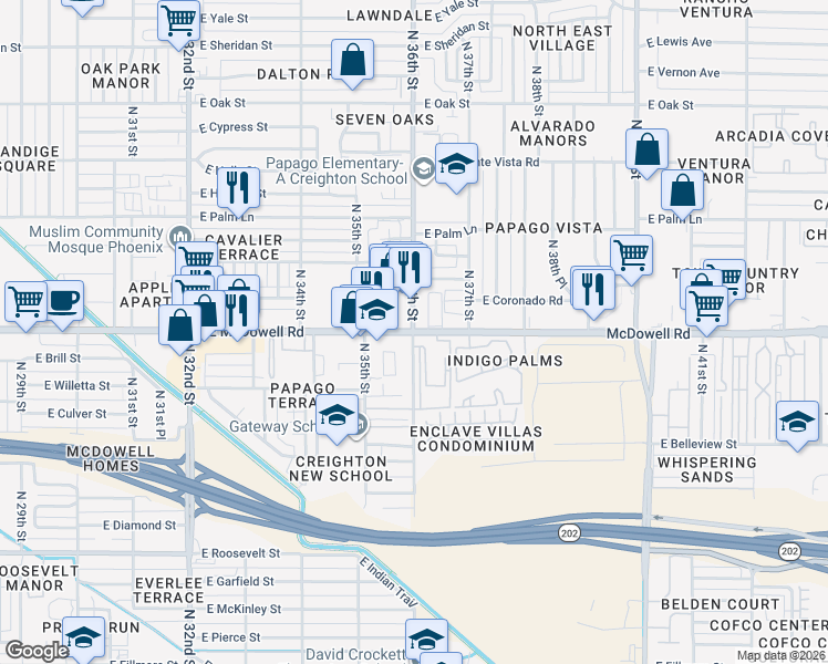 map of restaurants, bars, coffee shops, grocery stores, and more near E McDowell Rd & N 36th St in Phoenix