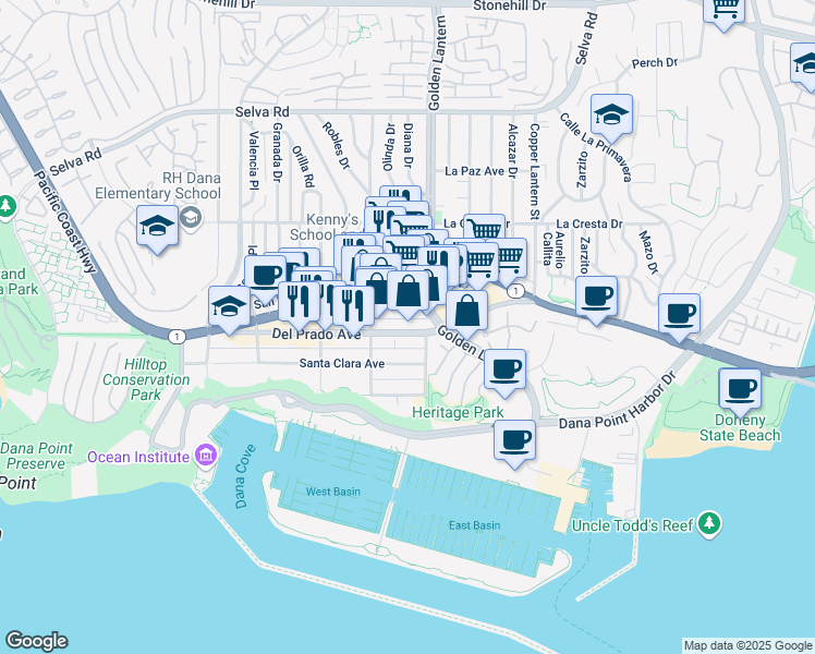 map of restaurants, bars, coffee shops, grocery stores, and more near 24685 Santa Clara Avenue in Dana Point