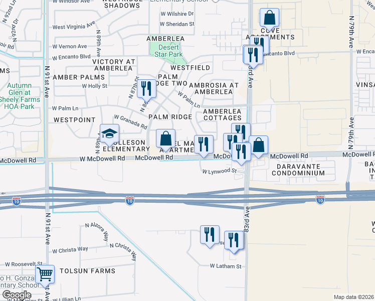 map of restaurants, bars, coffee shops, grocery stores, and more near 8550 West McDowell Road in Phoenix