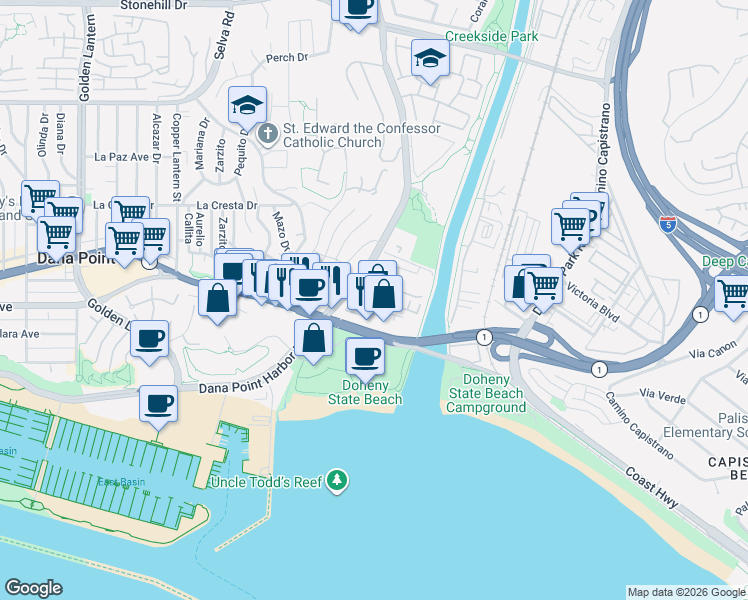 map of restaurants, bars, coffee shops, grocery stores, and more near 1415 Doheny Way in Dana Point