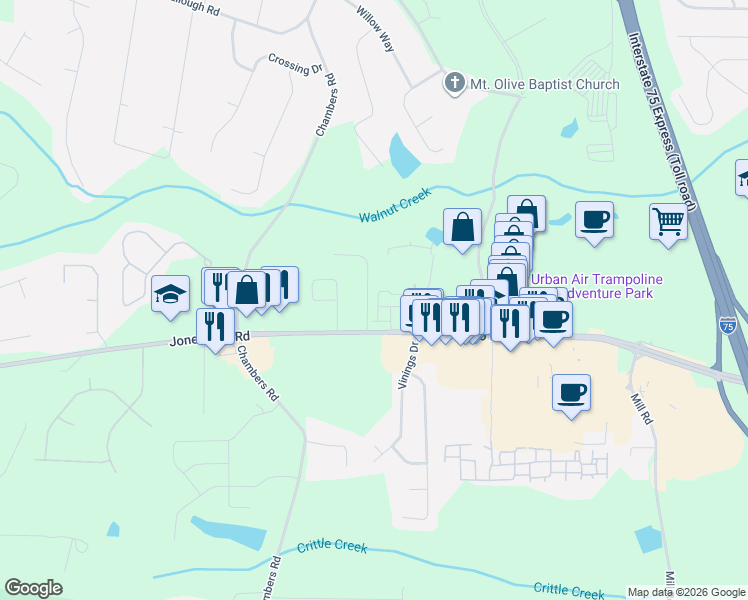 map of restaurants, bars, coffee shops, grocery stores, and more near 107 Crown Park Drive in McDonough