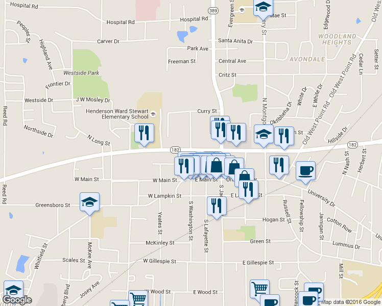 map of restaurants, bars, coffee shops, grocery stores, and more near 434 North Washington Street in Starkville