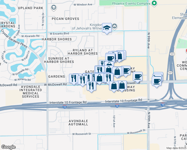 map of restaurants, bars, coffee shops, grocery stores, and more near 10320 West McDowell Road in Avondale