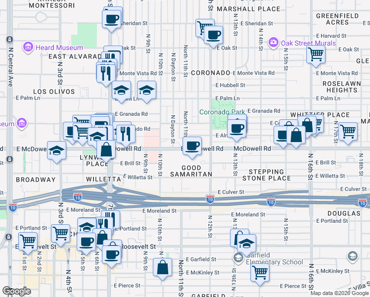 map of restaurants, bars, coffee shops, grocery stores, and more near 1109 East McDowell Road in Phoenix