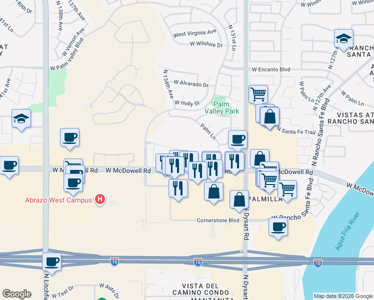 map of restaurants, bars, coffee shops, grocery stores, and more near 13310 West Coronado Road in Goodyear
