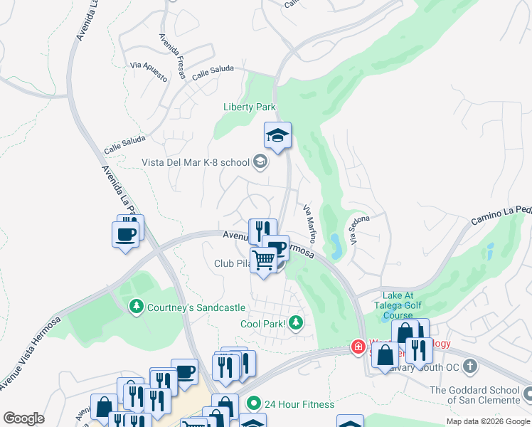 map of restaurants, bars, coffee shops, grocery stores, and more near 201 Plaza Los Corales in San Clemente