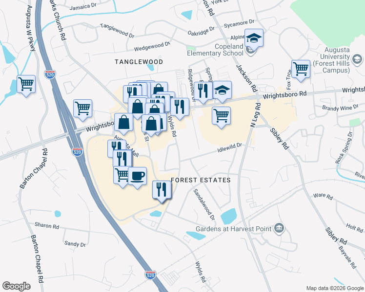 map of restaurants, bars, coffee shops, grocery stores, and more near in Augusta