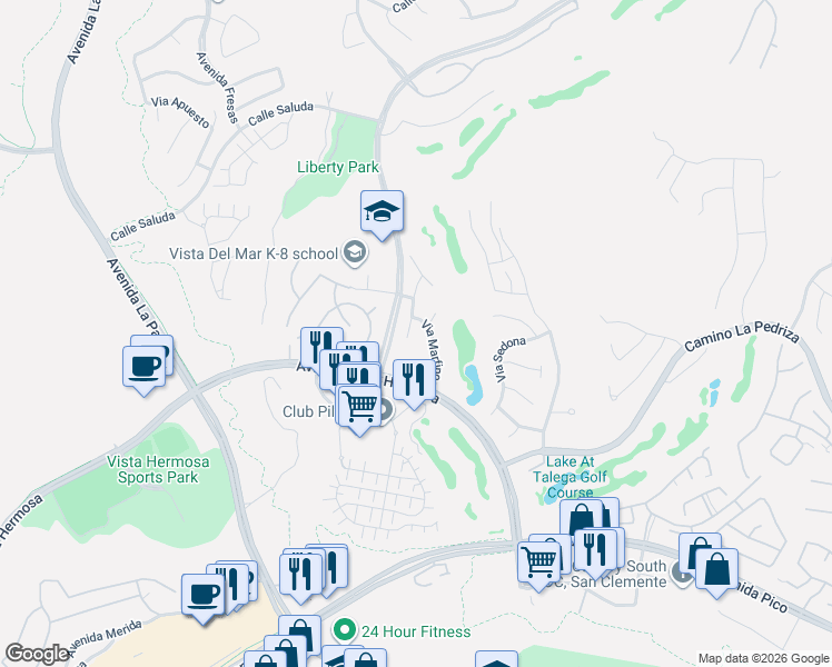 map of restaurants, bars, coffee shops, grocery stores, and more near 305 Via Los Tilos in San Clemente