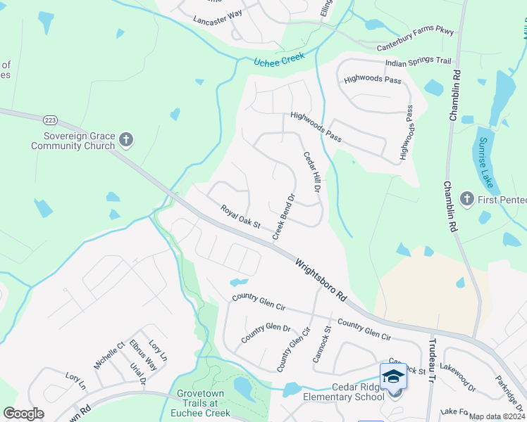 map of restaurants, bars, coffee shops, grocery stores, and more near 1507 Cedar Hill Trail in Grovetown