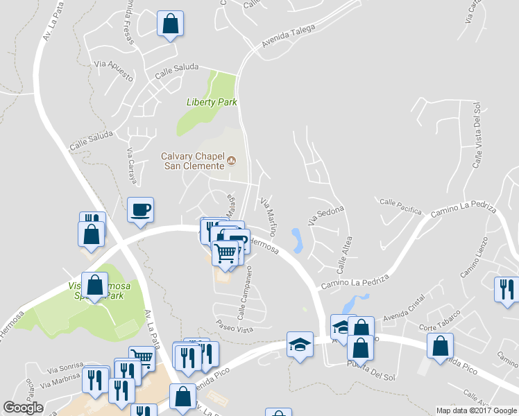 map of restaurants, bars, coffee shops, grocery stores, and more near 305 Via Los Tilos in San Clemente
