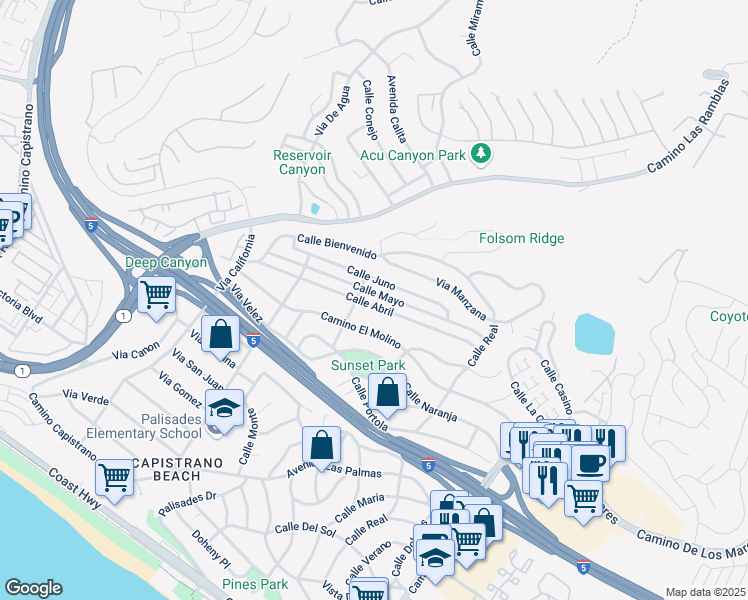 map of restaurants, bars, coffee shops, grocery stores, and more near 4019 Calle Juno in San Clemente