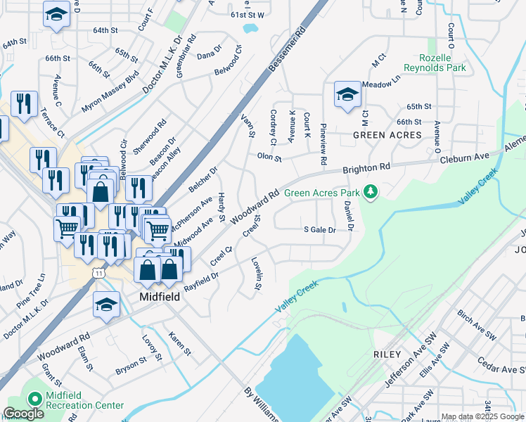 map of restaurants, bars, coffee shops, grocery stores, and more near 217 Creel Street in Midfield