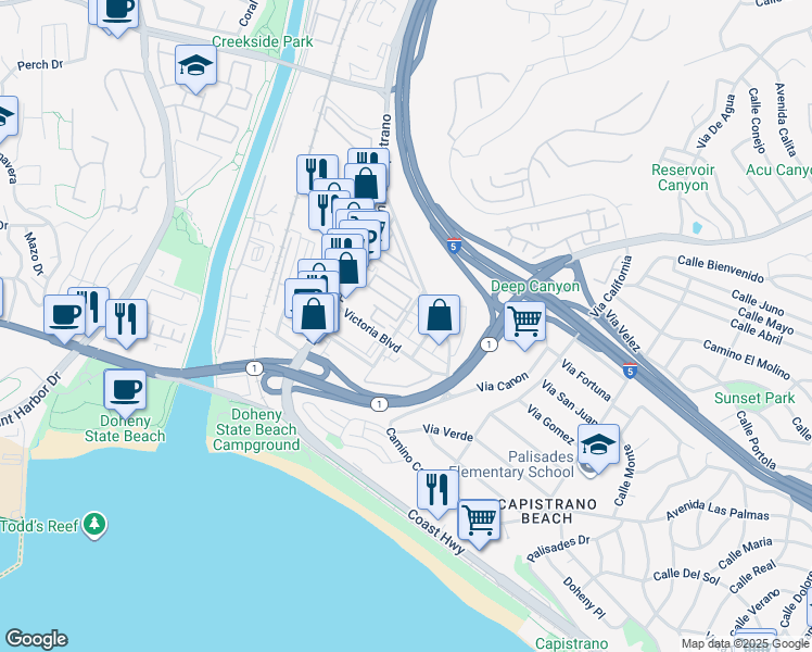 map of restaurants, bars, coffee shops, grocery stores, and more near 34202 Sepulveda Avenue in Dana Point