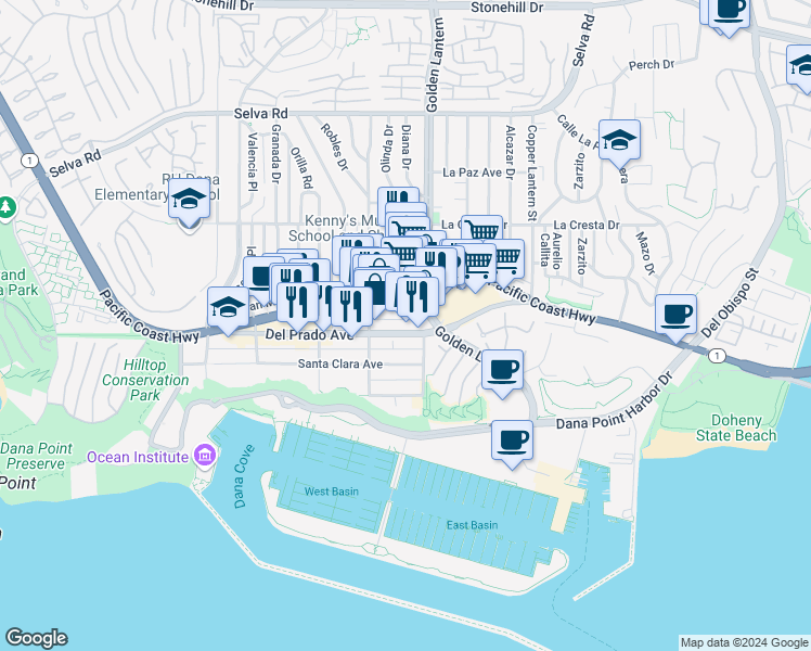 map of restaurants, bars, coffee shops, grocery stores, and more near 24691 Del Prado Avenue in Dana Point