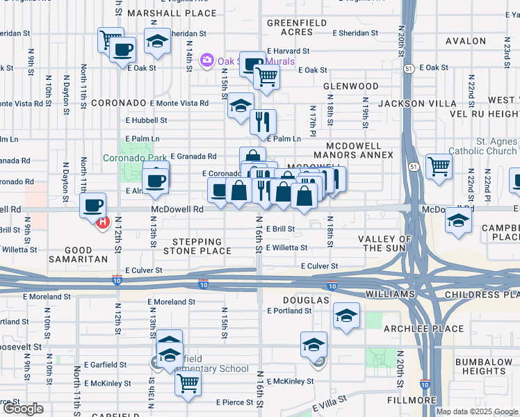 map of restaurants, bars, coffee shops, grocery stores, and more near 1603 North 16th Street in Phoenix