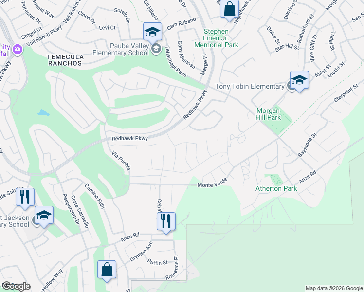 map of restaurants, bars, coffee shops, grocery stores, and more near 33217 Kilroy Road in Temecula
