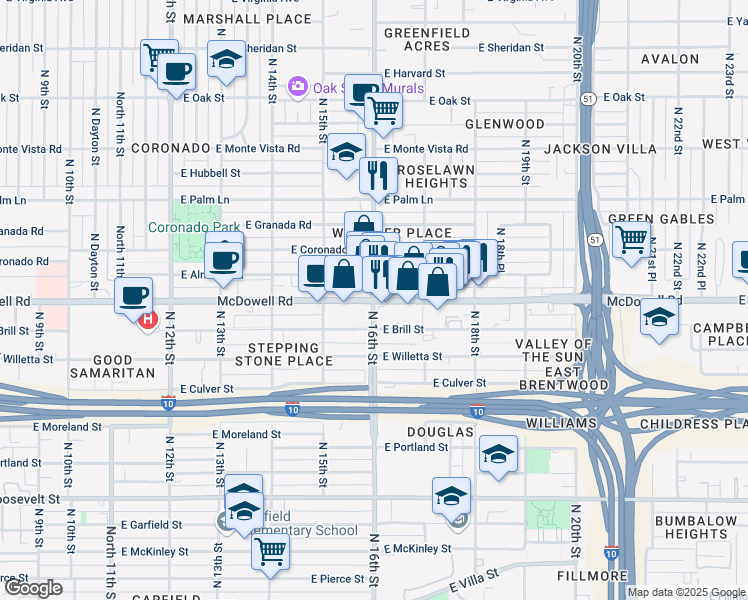 map of restaurants, bars, coffee shops, grocery stores, and more near 1603 North 16th Street in Phoenix