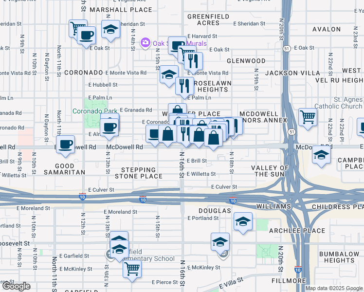 map of restaurants, bars, coffee shops, grocery stores, and more near in Phoenix