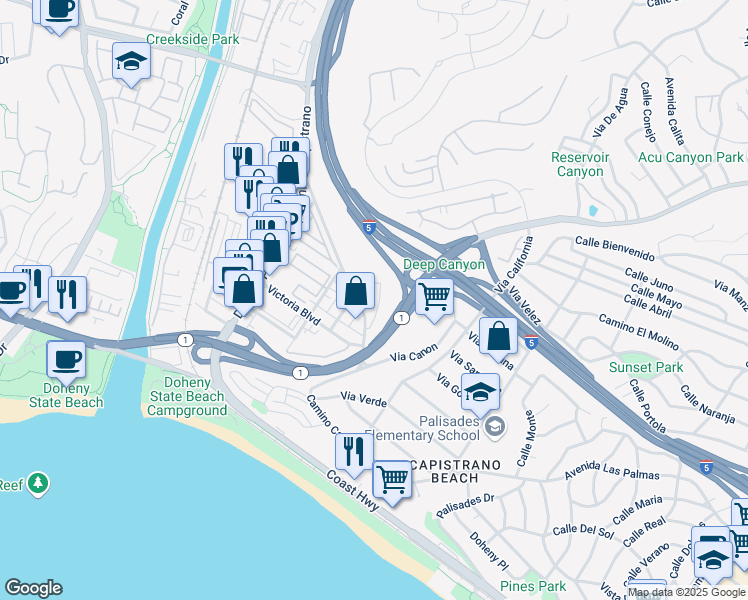 map of restaurants, bars, coffee shops, grocery stores, and more near 34264 Camino Capistrano in Dana Point