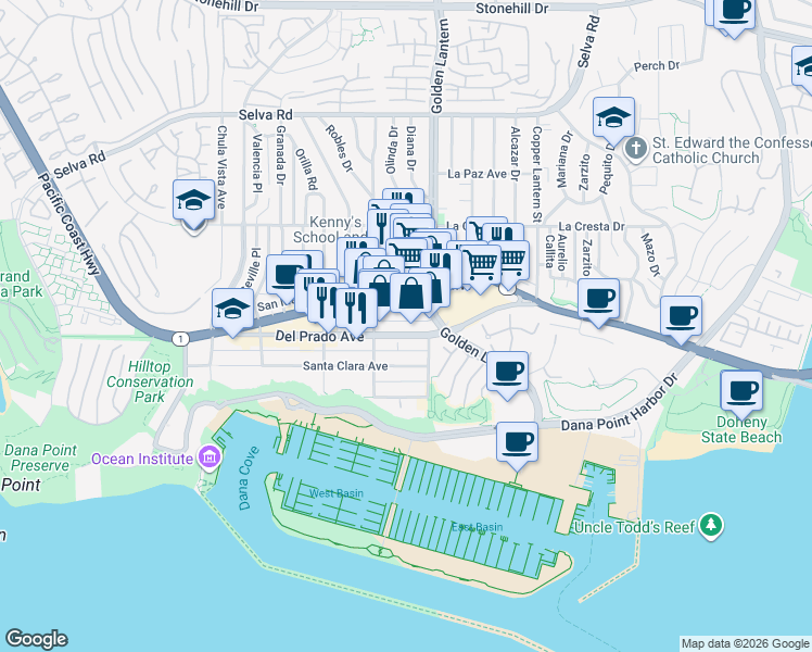 map of restaurants, bars, coffee shops, grocery stores, and more near 34171 East Pacific Coast Highway in Dana Point