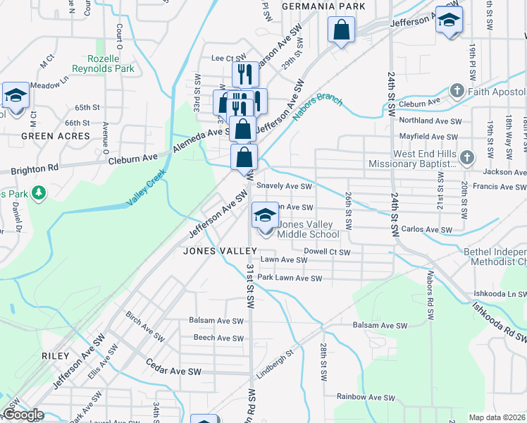 map of restaurants, bars, coffee shops, grocery stores, and more near 2920 Dawson Avenue Southwest in Birmingham