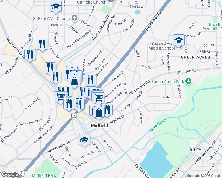 map of restaurants, bars, coffee shops, grocery stores, and more near 341 Belcher Drive in Midfield