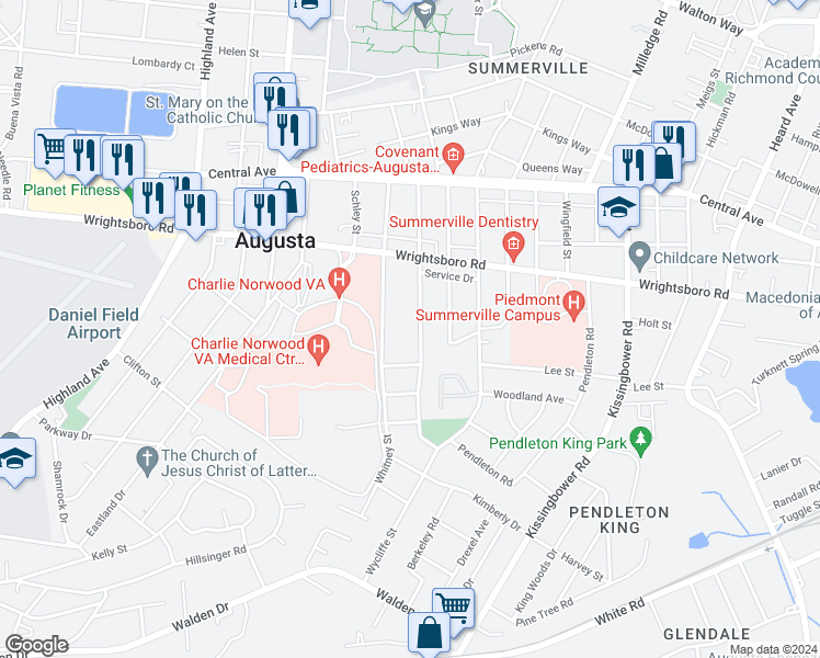 map of restaurants, bars, coffee shops, grocery stores, and more near 1537 Heath Street in Augusta