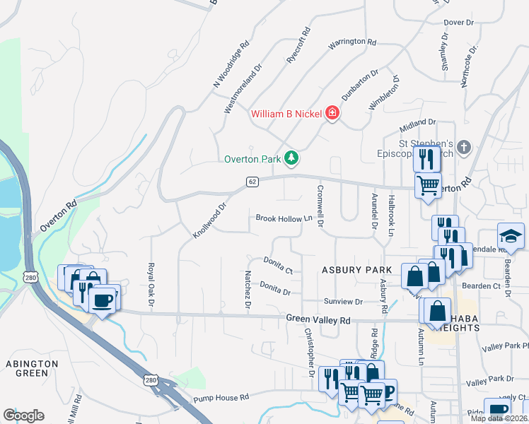 map of restaurants, bars, coffee shops, grocery stores, and more near 2977 Overton Road in Birmingham