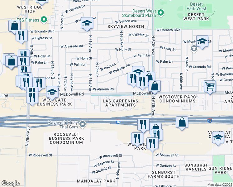 map of restaurants, bars, coffee shops, grocery stores, and more near W McDowell Rd & N 69th Ave in Phoenix