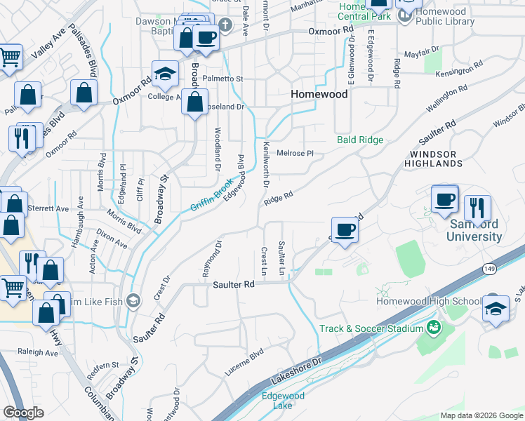 map of restaurants, bars, coffee shops, grocery stores, and more near 429 Hillwood Drive in Birmingham