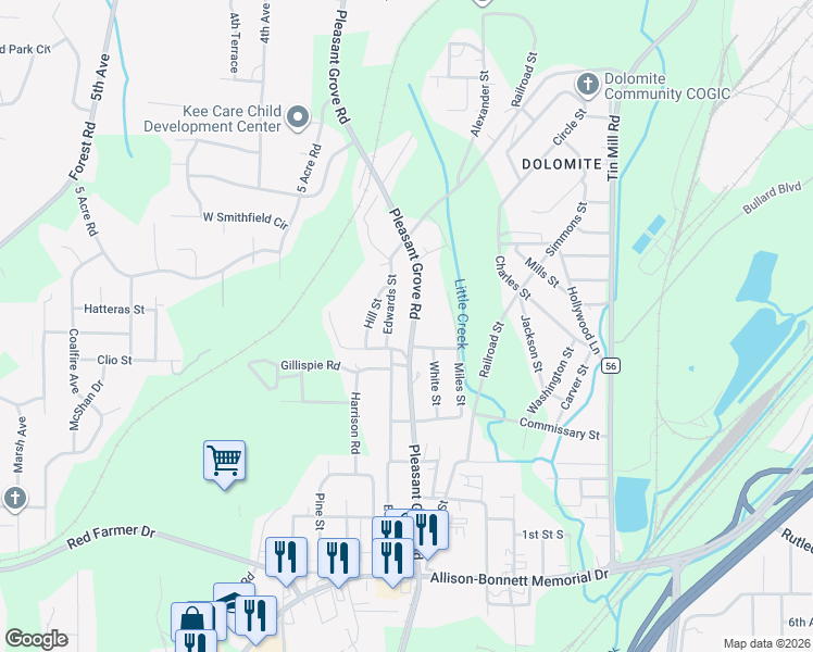 map of restaurants, bars, coffee shops, grocery stores, and more near 1590 Pleasant Grove Road in Birmingham