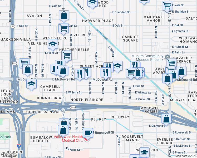map of restaurants, bars, coffee shops, grocery stores, and more near in Phoenix