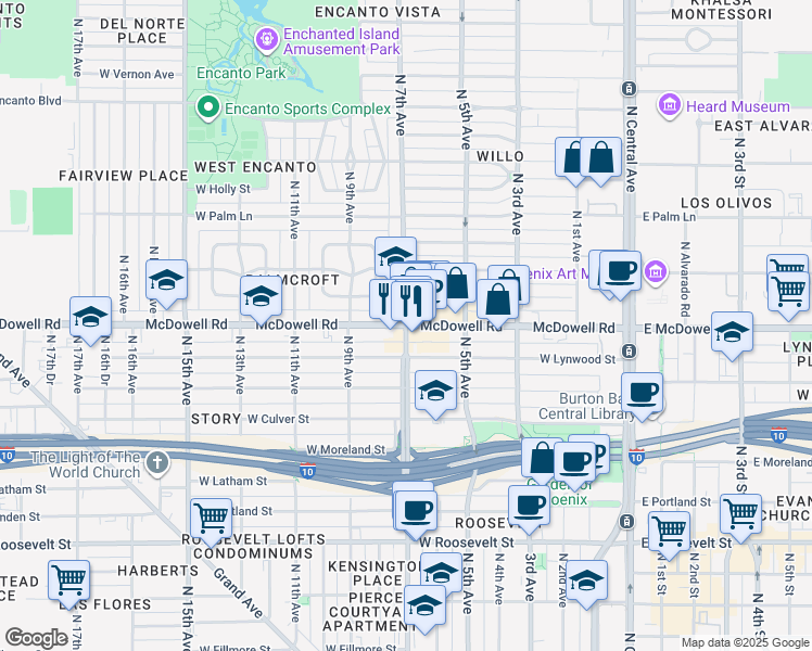 map of restaurants, bars, coffee shops, grocery stores, and more near W McDowell Rd & N 7th Ave in Phoenix