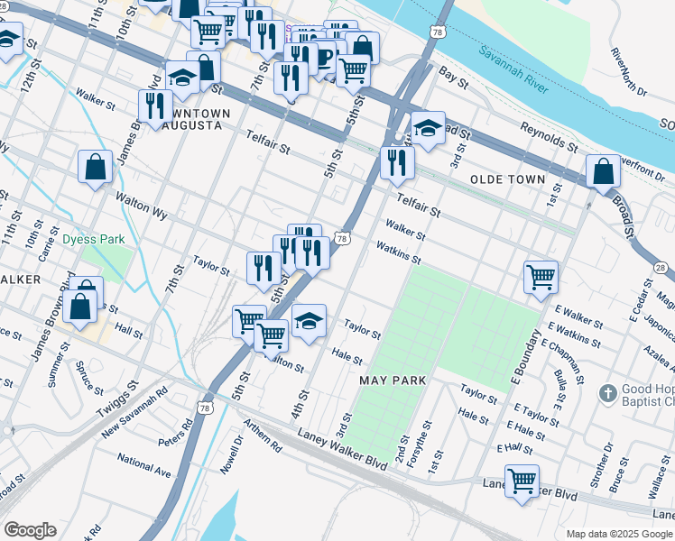 map of restaurants, bars, coffee shops, grocery stores, and more near 401 Walton Way in Augusta