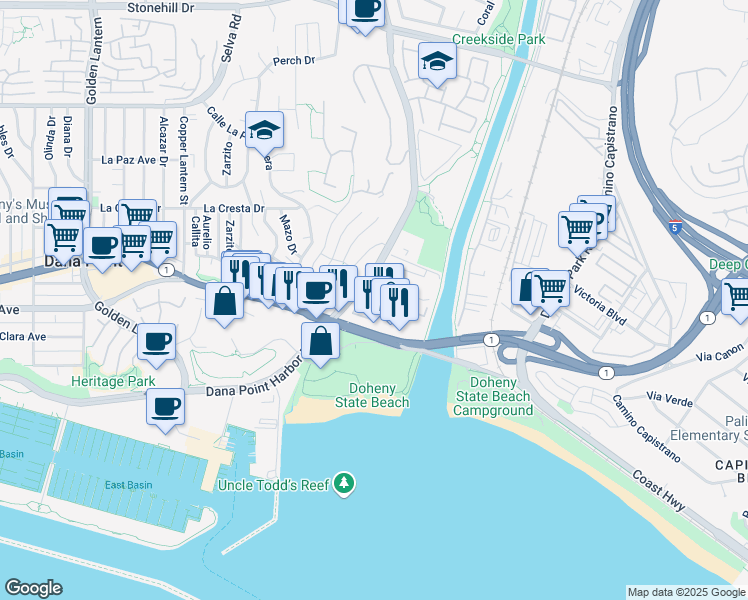 map of restaurants, bars, coffee shops, grocery stores, and more near 1529 Doheny Way in Dana Point