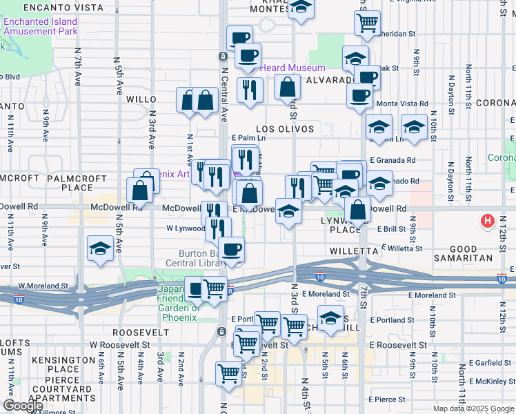 map of restaurants, bars, coffee shops, grocery stores, and more near 100 East McDowell Road in Phoenix