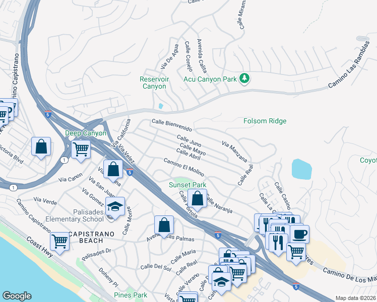 map of restaurants, bars, coffee shops, grocery stores, and more near 4105 Calle Juno in San Clemente