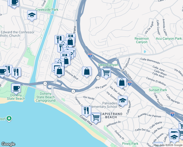 map of restaurants, bars, coffee shops, grocery stores, and more near 34264 Camino Capistrano in Dana Point