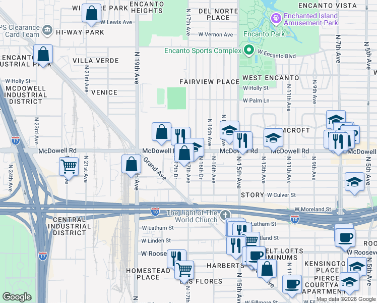 map of restaurants, bars, coffee shops, grocery stores, and more near W McDowell Rd & N 17th Ave in Phoenix