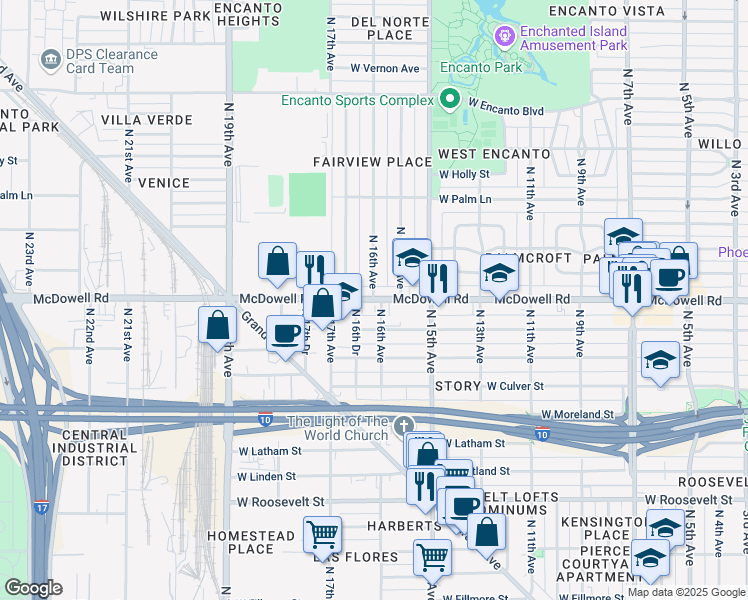 map of restaurants, bars, coffee shops, grocery stores, and more near W McDowell Rd & N 16th Ave in Phoenix