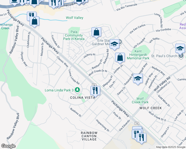 map of restaurants, bars, coffee shops, grocery stores, and more near 31244 Locust Court in Temecula
