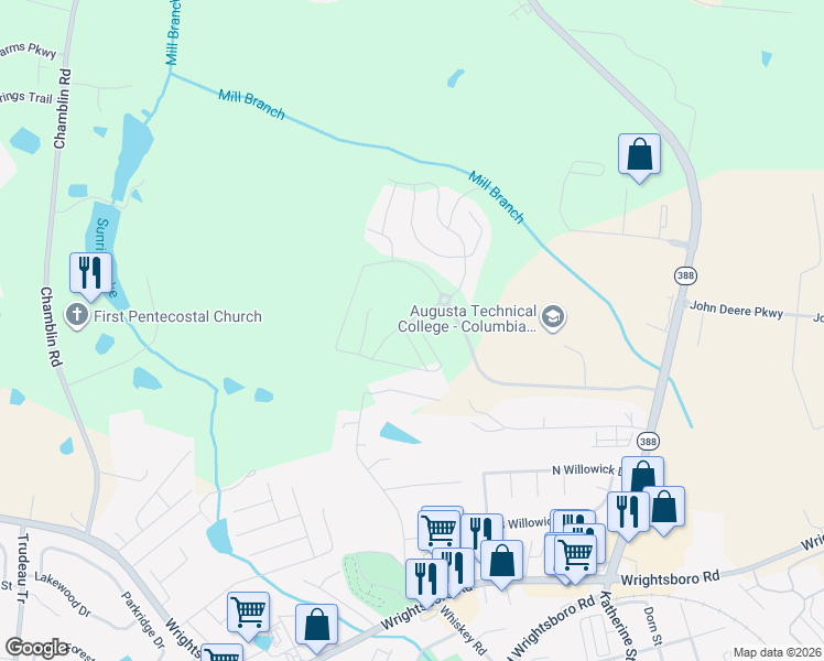 map of restaurants, bars, coffee shops, grocery stores, and more near 1250 Cobblefield Drive in Grovetown