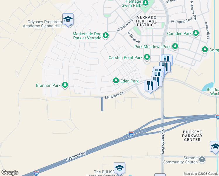 map of restaurants, bars, coffee shops, grocery stores, and more near 21035 West Berkeley Road in Buckeye